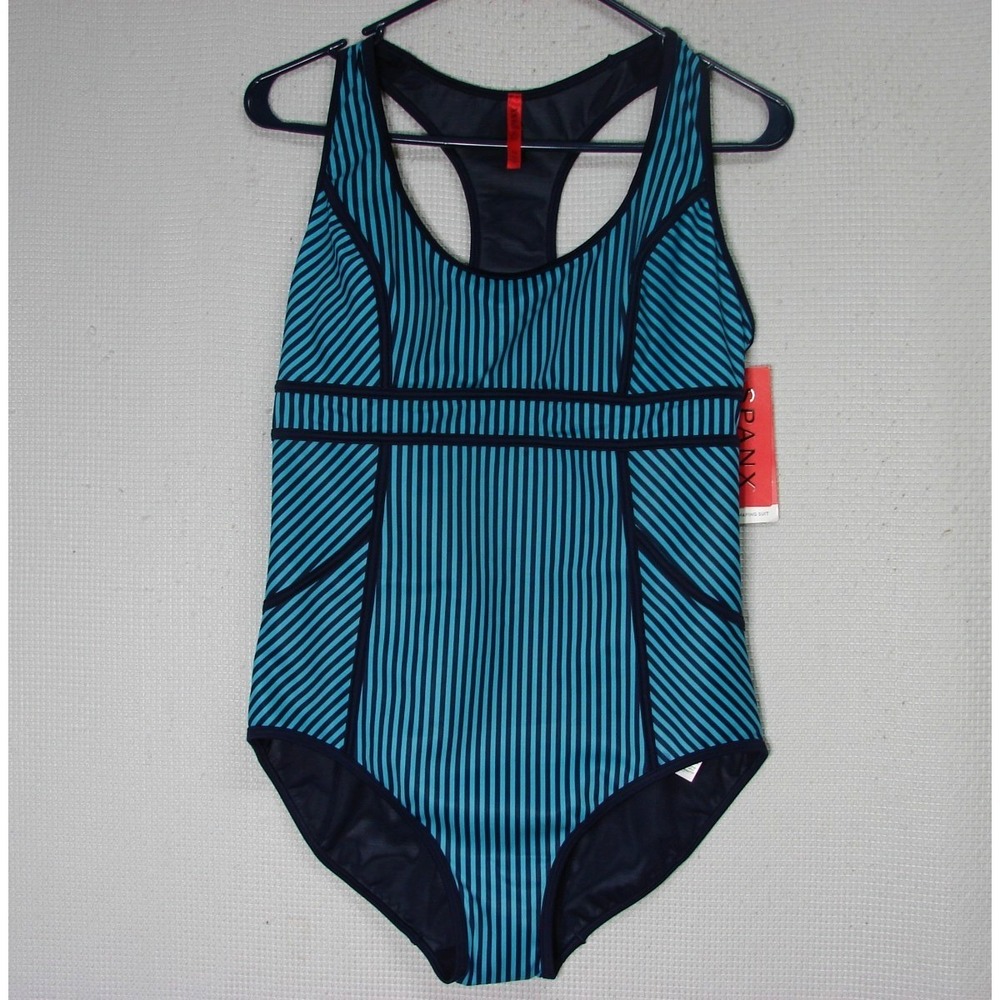 New Spanx Hourglass Racerback One Piece Swimsuit Size 12 Blue Turquoise Stripe